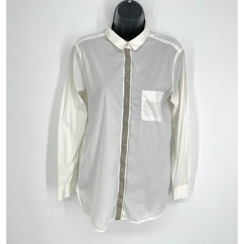 0039 Italy Long Sleeve Silver Glitter Button Front Top Blouse Womens Sz S White